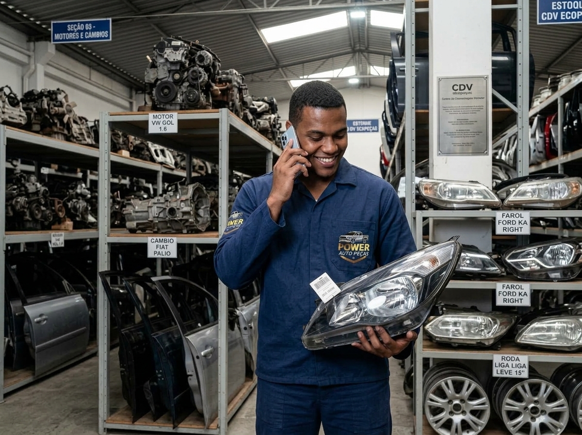 Atendente comercial da Power Auto Peças no telefone no estoque de peças usadas em Cuiabá